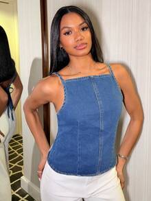 Natali Santanap 夏季休闲系带露背吊带牛仔上衣 - 中等水洗藍 - 查看 5