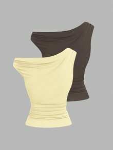 Sweetra 2pcs/Set Asymmetric Collar Fitted T-Shirt, Versatile Casual Top, Spring/Summer - Multicolor - View 2