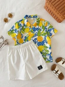 SHEIN Bộ đồ 2 món cho bé trai gồm áo sơ mi ngắn tay in hình quả chanh dễ thương và quần trắng cạp chun, trang phục thường ngày cho kỳ nghỉ hè. - Nhiều màu - Xem 5