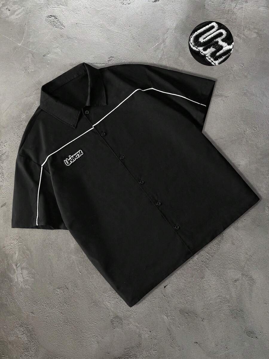 PAVTROS Men's Casual Fashion Street Daily Commute Letter Embroidery Contrast Piping Short Sleeve Shirt, Summer - Black - View 1