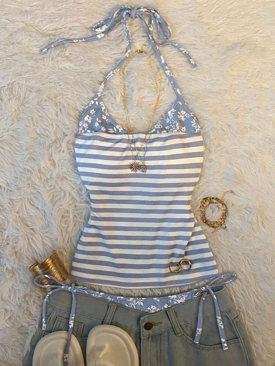 SHEIN 女款藍白條紋可愛夏季二合一露背掛脖上衣,休閒海灘度假風,適合島嶼旅行、派對與休閒場合 - 彩色 - 查看 1