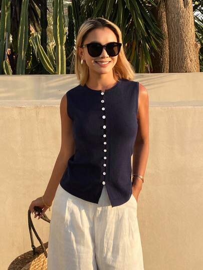 DAZY Chaleco de punto ligero sin mangas de cuello redondo y cintura ajustada de unicolor para mujer, ideal para vacaciones de verano
