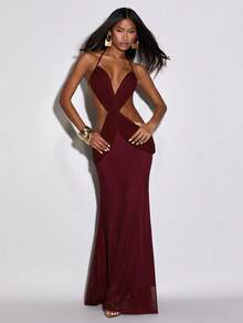 Normani Deep Burgundy Summer 70s Dress For Women,Knitted Patchwork Mesh Club Night Party Gown,Vintage 2000s Y2k 90S Rave Outfits,Elegant Prom Evening Dresses - Burgundy - View 2