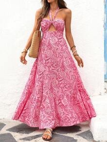 Vivid Eden 女士时尚休闲优雅浪漫印花度假沙滩露背系带镂空超大喇叭下摆粉色印花连衣裙，春夏款 - 粉色 - 查看 14