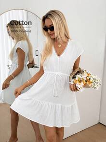 Easowa Đầm chữ A dáng suông, cổ chữ V, viền ren, eo nhún bèo, dây rút, nơ bướm, chất liệu vải cotton hai lớp 100%, kiểu dáng thoải mái, thanh lịch, thích hợp cho công sở và đi nghỉ mát dành cho nữ, mùa xuân/hè. - trắng - Xem 1