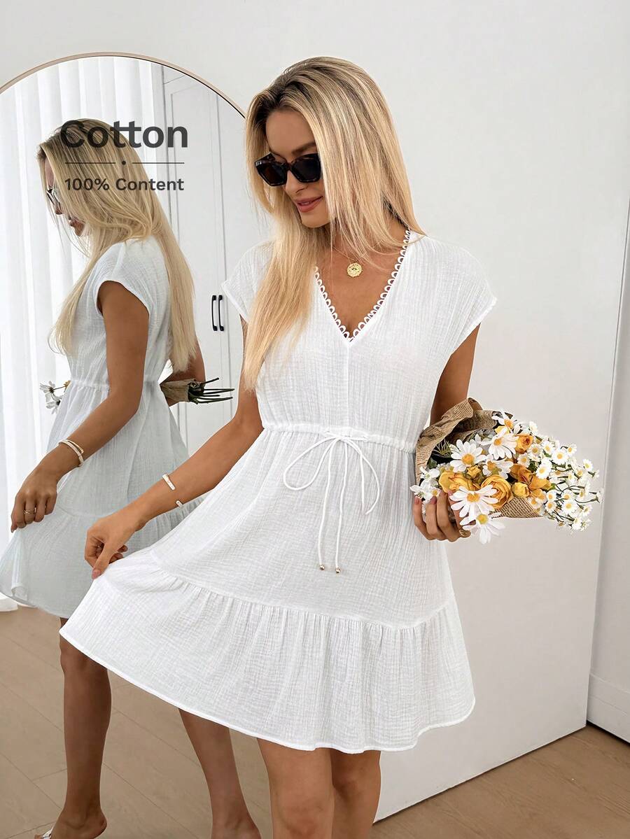 Easowa Đầm chữ A dáng suông, cổ chữ V, viền ren, eo nhún bèo, dây rút, nơ bướm, chất liệu vải cotton hai lớp 100%, kiểu dáng thoải mái, thanh lịch, thích hợp cho công sở và đi nghỉ mát dành cho nữ, mùa xuân/hè. - trắng - Xem 1