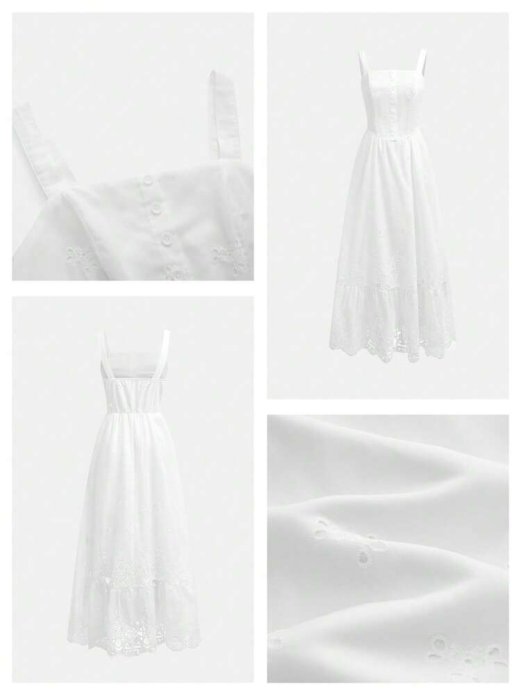 SHEIN Maija Women's Vacation Casual Solid Color Hollow Embroidery Dress,White Long Dress,Festival Outfits ,Summer Holiday Outfits,Beach Outfit For Women,Summer Dresses For Women