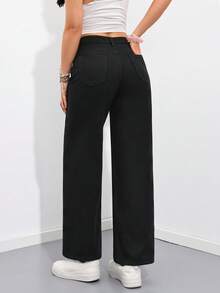 SHEIN PETITE بنطلون جينز كاجوال بقصة واسعة وجيوب وأرجل واسعة للنساء الصغيرات - الأسود - مشاهدة 2