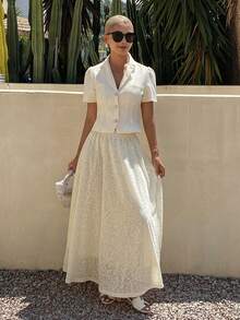 DAZY Spring Summer Elegant Short Sleeve Top And High Waist Embroidered Skirt 2 Pieces Set For Women Lounge Sets Tea Party White - Beige - View 4