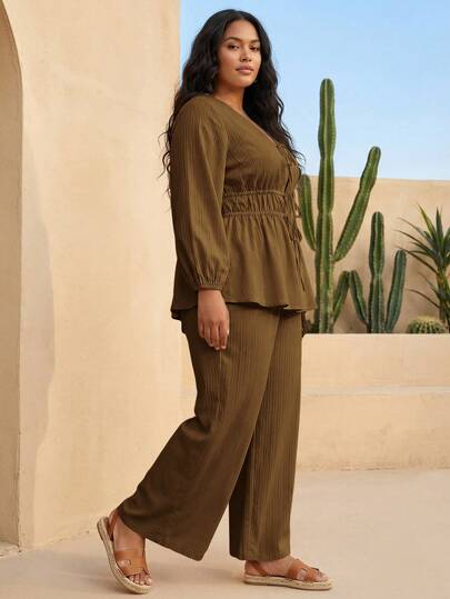  ELLERISSA Plus Size Curve Two Piece Set For Women, Olive Green Textured Fabric V Neck Tie Front Long Puff Sleeve Shirred Waist Peplum Top & Wide Leg Pants Set, Boho Vacation Resort Wear Spring Summer Casual Outfit, Plus Size Two Piece Sets For Women, Textured Boho Co Ord Set