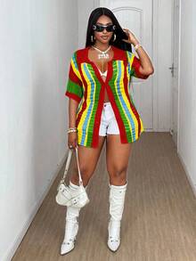 Maweii Plaque-Sized Women's Knitted Cardigan, Half-Sleeve Cardigan Women's Top Button Semi-Transparent Color Regular Style, Sexy Party Vacation Spring And Summer Style Milkmaid Summer Tops Summer Outfits For Women Festival Rave Top Hollow Out Cardigan Striped Cardigan Women Colorful Cardigan Women - Multicolor - View 3