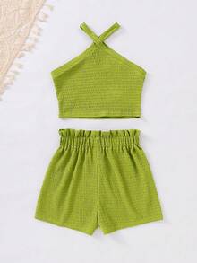 Tween Girl Solid Color Sleeveless Knit Top And Loose Shorts Casual Outfit - Multicolor - View 2