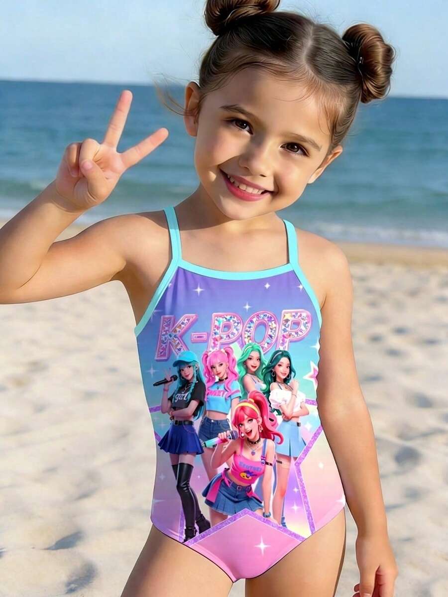 Young Girl Letter & Cartoon Print One-Piece Swimsuit, Suitable For Beach Vacation, Pool Party, Beach Party - Multicolor - View 1
