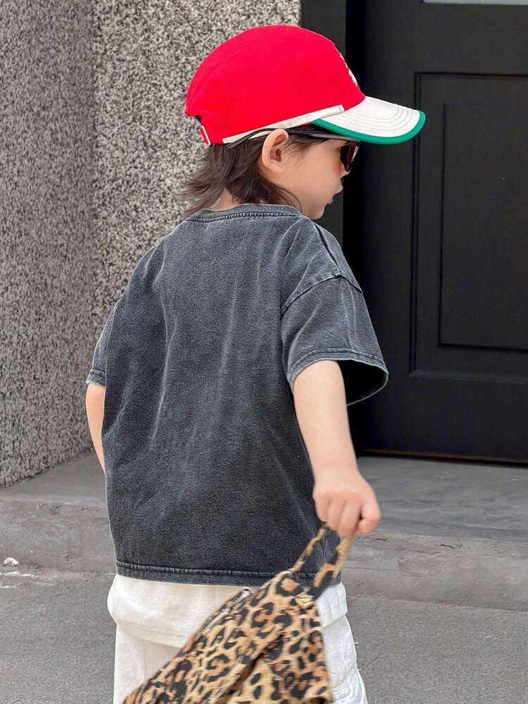 Distressed Short Sleeve T-Shirt, Summer Kids Letter Print Casual Tee For Boys (Small)