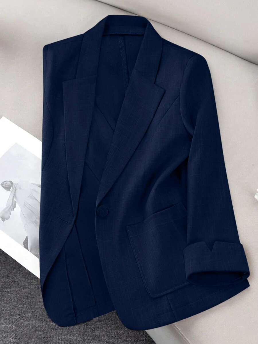 Franclia Áo blazer nữ tay dài, màu trơn, cài một nút, kiểu dáng thường ngày, đa năng, phù hợp đi làm. Bộ vest nữ, áo blazer công sở, bộ đồ công sở, trang phục công sở, bộ blazer nữ, áo blazer màu xanh navy, áo khoác blazer, áo blazer công sở, áo blazer nữ. - Màu xanh hải quân - Xem 1