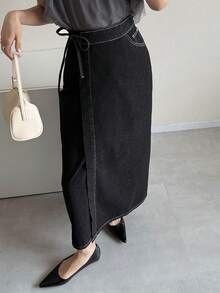 Chân váy denim dài nữ thắt nút bên hông kiểu dáng thường ngày - Màu xanh lam - Xem 2