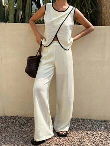 Livesso 2pcs/Set Women Casual Elegant Sleeveless Colorblock Round Neck Top And Pants Summer Vacation Beige - White - View 1