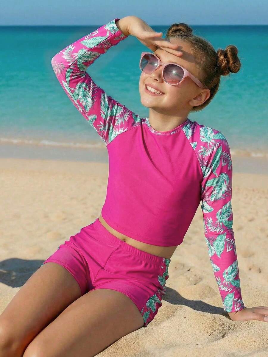 SHEIN Tween Girl Raglan Sleeve Tropical Plant Print Top And Shorts Swimsuit Set - Hot Pink - View 1