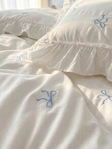 Cirelle 2/3 Pcs Polyester Bedding Set With Bow Embroidery & Ruffle Trim – Modern All-Season Duvet Cover + 1/2 Pillowcases (No Comforter), Wrinkle-Resistant & Soft Home Decor - White - View 11