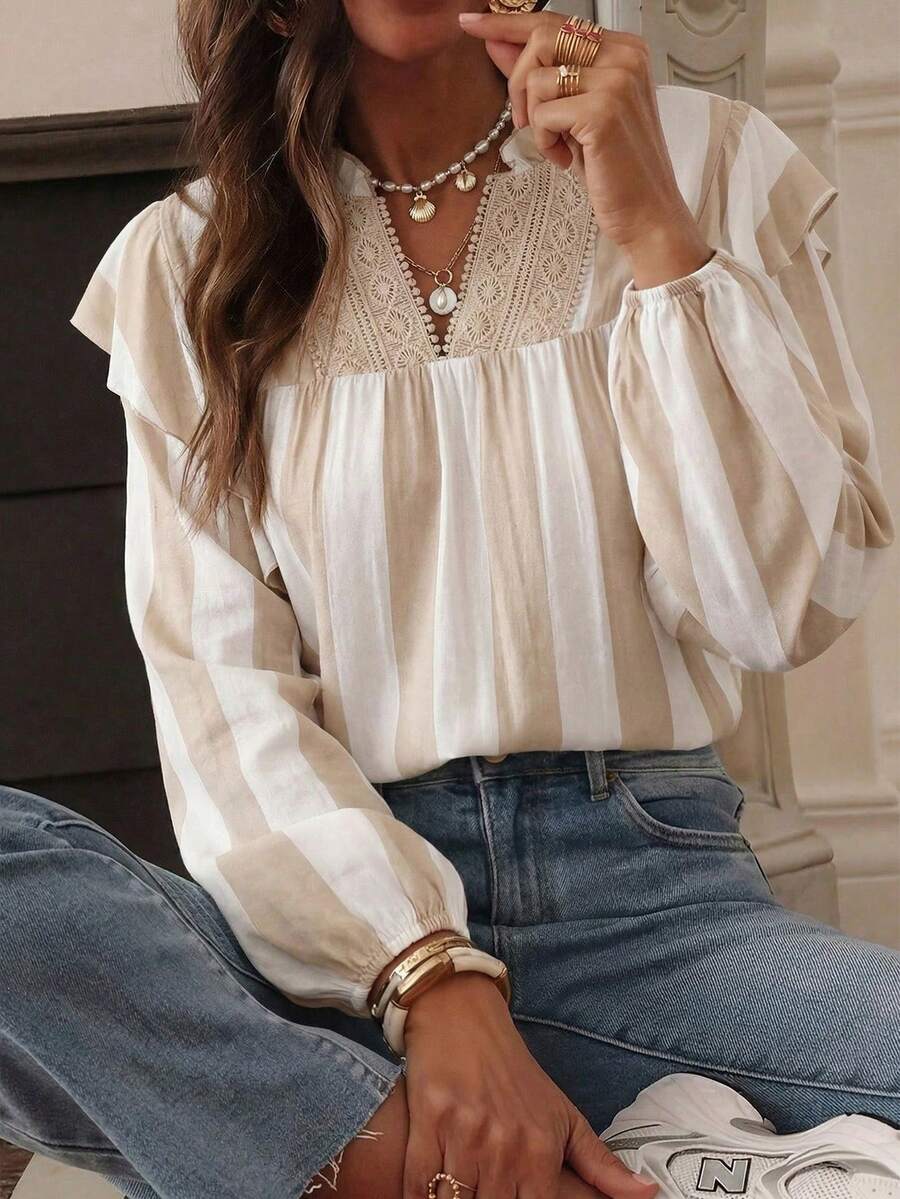 SHEIN Holidaya Women's Khaki Striped Notched-Neck Loose Shirt,Blue And White Stripe,Autumn,Boho,Vacation,Holiday,Ruffled Long Sleeve Lace Trim Peasant Blouse Tops