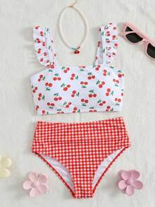 Swim Mod 两件套加大码女装樱桃随机印花装饰荷叶边下摆上衣和格子高腰短裤，可爱甜美度假休闲日常装 - 彩色 - 查看 7