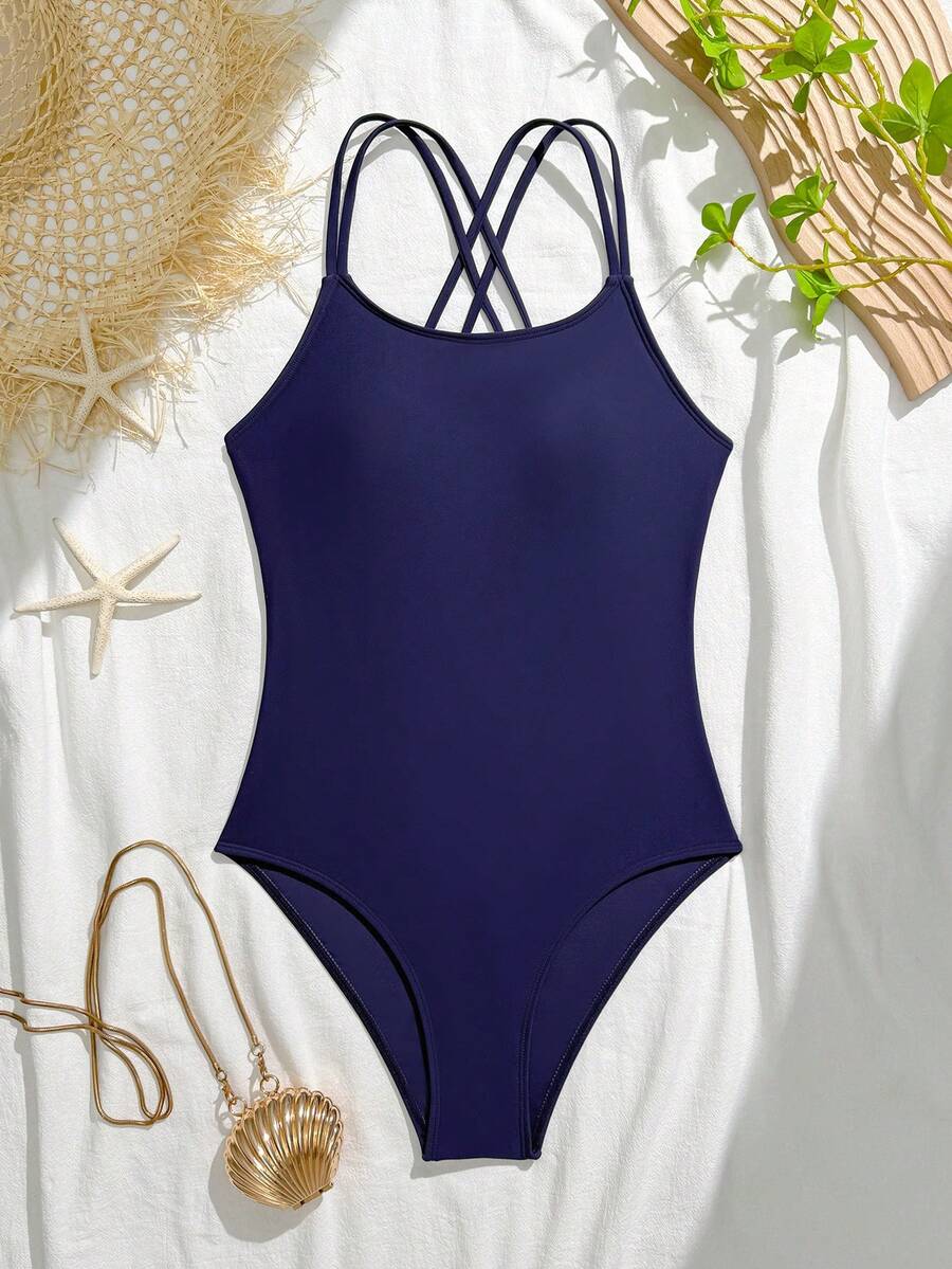 SHEIN Áo tắm liền thân cho bé gái tuổi teen, màu xanh navy, lưng chéo, dây đeo vai mảnh có thể điều chỉnh, cạp cao ôm sát, kiểu dáng tối giản, màu trơn, thích hợp cho kỳ nghỉ hè. - Màu xanh hải quân - Xem 1