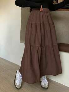 Dazy Plus Elastic Waist Patchwork A-Line Skirt, White, Spring/Summer - Brown - View 3