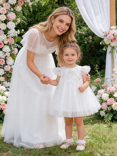 Glamorique Kids Flower Girl Dress, Mist White Mesh Cap Sleeve A-Line Formal Dress, Birthday Party Occasion Dress