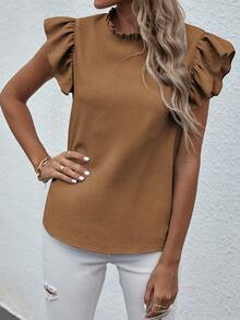 Breezaya Women's Summer Casual Minimalist Ruffle Collar Blouse - Brown - View 5