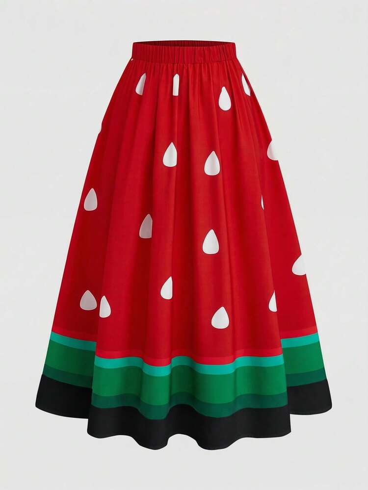 Sweetra Plus Size Women Elastic Waist Casual Minimalist A-Line Skirt - Multicolor - View 3