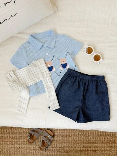 SHEIN 3pcs Baby Boy Summer Casual Bear Graphic Polo Shirt, Striped Shawl, Blue Shorts Pants Gentleman Outfit Set, Suitable For Birthday Party, Rave, Evening Party, Performance, Wedding, Full Moon, Christening And 1st Birthday Celebration, Wedding Guest, Baby Shower Christening