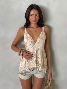 SHEIN PETITE Apricot Sequin Embroidered Backless Adjustable Strap Petite Size Camisole With Side Slit Tie & Soft Lining Apricot Sequin Petite Camisole, Backless Embroidered Petite Top, Adjustable Strap Petite Tank, Side Slit Tie Camisole, Soft Lining Petite Top, Party Petite Top, Vacation Petite Camisole Apricot Sequin Embroidery With Shimmer Effect Backless Design + Adjustable Straps Petite Size Tailored For Shorter/ Smaller Frames Party, Vacation, Beach Date, Brunch  Summer, Spring, Fall (Layered) - Apricot - View 6