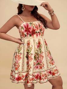 Travachic WYWH Women Vacation Spring Break Plus Floral Print Ruffle Hem Cami Flower Dress Summer Dresses For Size Sundresses - Multicolor - View 5