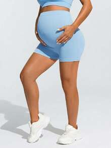 SHEIN Pantalones cortos de maternidad de unicolor, versátiles para uso diario y deportivo - Celeste - Ver 5