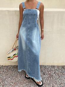Bộ áo liền quần denim dáng rộng thoải mái dành cho nữ, có túi. - Màu xanh lam - Xem 4
