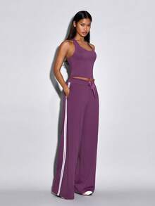 Normani Conjunto de 2 piezas de top de tirantes y pantalones de unicolor casual para mujer - Morado - Ver 9