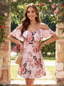 KARISMINA Women's Rose Pink Floral Print Ruffle Off-Shoulder Mini Dress, Summer Cottage Core Boho Elegant Cold Shoulder Holiday Vacation Outfit, Brunch Picnic - Pink - View 9