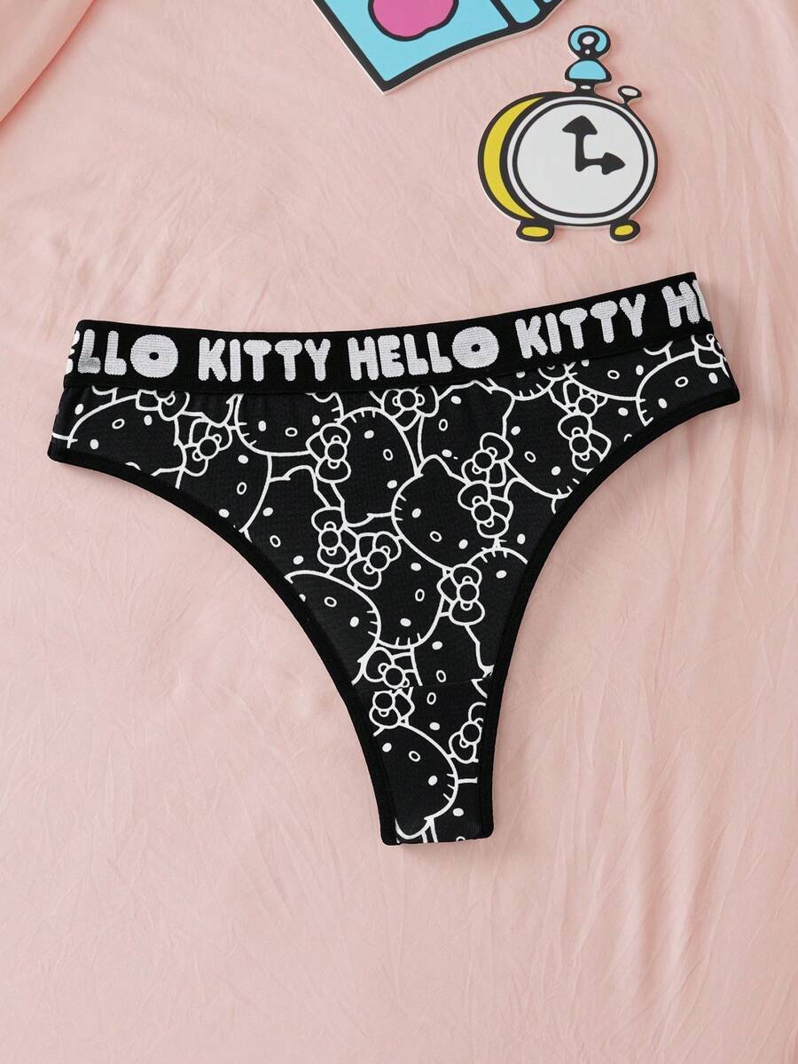 HELLO KITTY AND FRIENDS | SHEIN 女士字母腰带时尚舒适丁字裤 - 黑色 - 查看 1