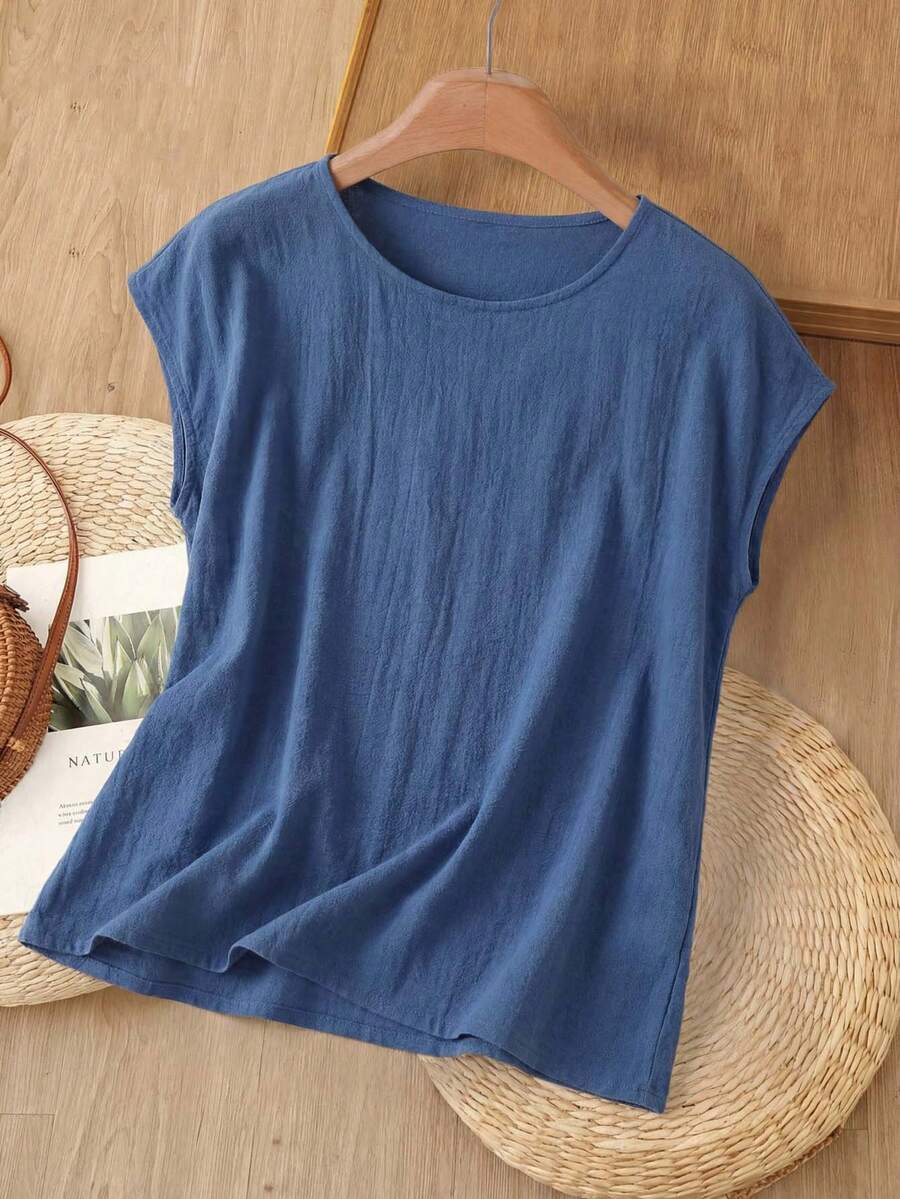 EMERY ROSE Women's Casual Solid Color Linen-Like Shirt, Spring/Summer Carnival Royal Blue Blouse Summer Casual Tops Blue Summer Top Royal Blue Top Women Blue Blouse For Women,Casual - Blue - View 1