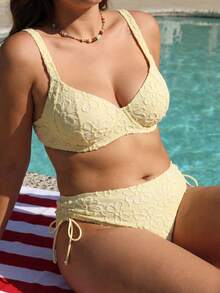 Swim Mod Plus Size European And American Steel Framed Gather Swimwear Set, Soft Cup Bikini With Jacquard Texture In Light Yellow - Yellow - View 5