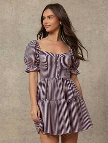 WESTFADE Vestido mini a rayas con botones delanteros - Morado - Ver 4