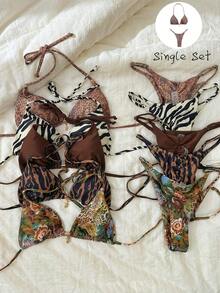 Elavelle Bộ bikini gợi cảm in họa tiết ngẫu nhiên dây mảnh màu kim loại Springbreak dành cho nữ, đồ đi biển mùa hè - Nhiều màu - Xem 2