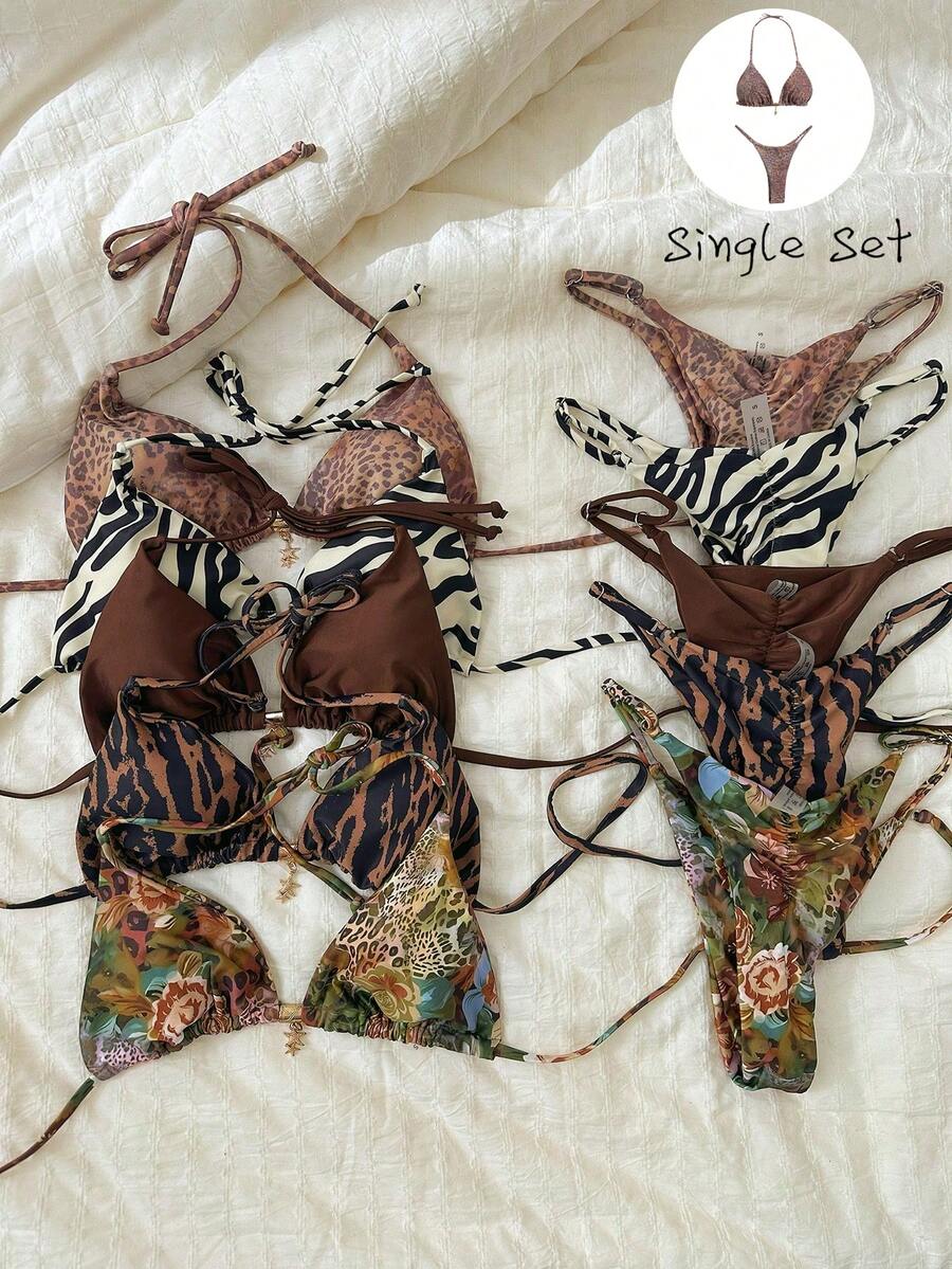 Elavelle Bộ bikini gợi cảm in họa tiết ngẫu nhiên dây mảnh màu kim loại Springbreak dành cho nữ, đồ đi biển mùa hè