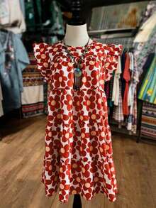 Linhara Plus-Size Women's Pink Floral Summer 70's Boho Satin Party Vacation Dress, Ruffled Cap Sleeve Loose Fit Color-Blocked Random Pattern Casual Home Wear - Red - View 4