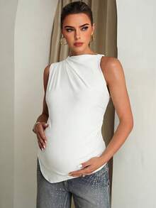 MaterniChic Maternity Summer Casual Solid Color Asymmetric Hem Sleeveless Shirt - White - View 4