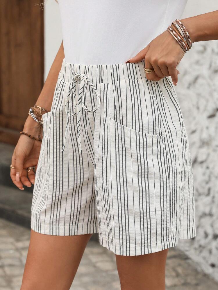 EMERY ROSE Women's Casual Striped Print Drawstring Waist Loose Cotton Shorts,Black And White Checkered,Summer,Boho,Beach,Vacation,Holiday Minimalist Tie-Up Short - Multicolor - View 5