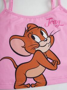 TOM & JERRY X SHEIN Bộ đồ ngủ nữ in hình hoạt hình gồm áo hai dây và quần short thời trang, đồ mặc nhà. - Hồng - Xem 4