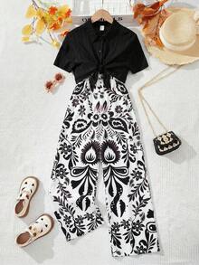SHEIN 2pcs/Set Tween GirlsCollared Shirt With Leaf Print Jumpsuit - Multicolor - View 6
