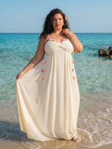 SHEIN CURVE+ Elegante vestito da damigella d'onore con decorazioni floreali 3D per donne formose, adatto per matrimoni, anniversari, feste e appuntamenti, abito sexy da invitata al matrimonio - Albicocca - Visualizzare 3
