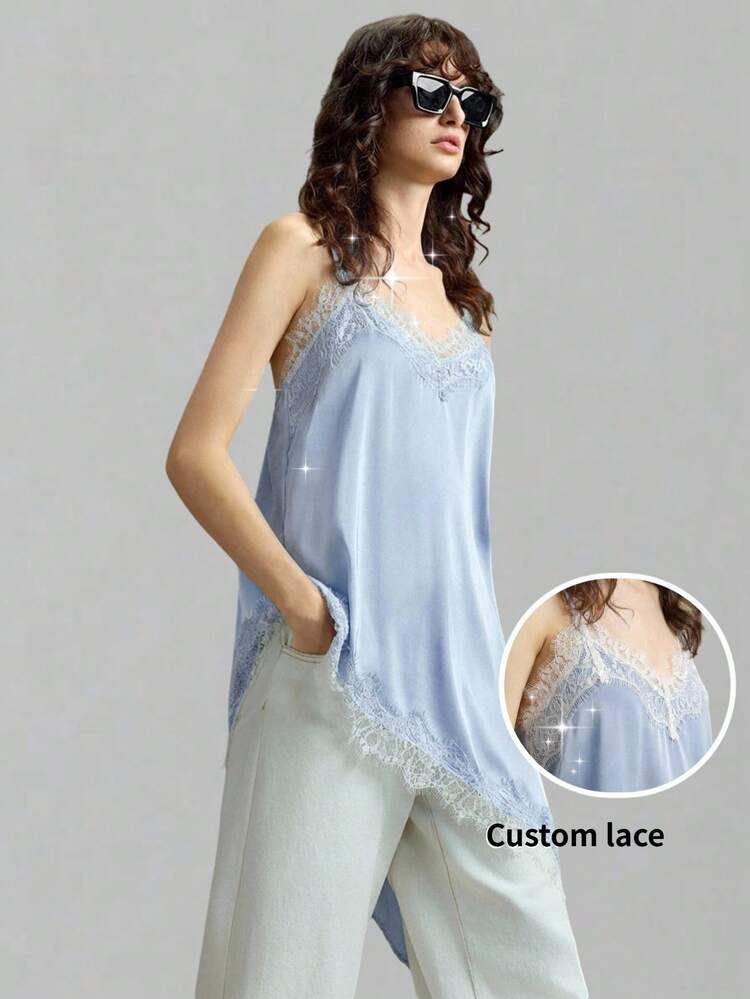 Women's Satin Crepe Fabric Stretchy Soft Spaghetti Strap Long Top, Fitted Silhouette, Lace Trim Accent, Asymmetric Hemline Design, Modern Urban Casual Business Chic Office Wear, Low-Key Elegant Vibe, High-Quality Airport Fashion, Graceful Elegant, Street Style Inspired Flower Blue Top Vacation Outfits Women All Season Modern Urban Casual Fashion Business Casual Women's Office Wear Low-Key Old Money Style Effortless Temperament High-End Urban Commuting High-Quality Airport Women's Wear